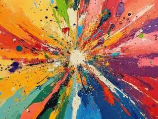 An abstract explosion of colors and shapes radiating outward, with vibrant paint splatters