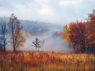 Fototapeta premium An autumn landscape with a foggy morning and trees covered in rich fall colors