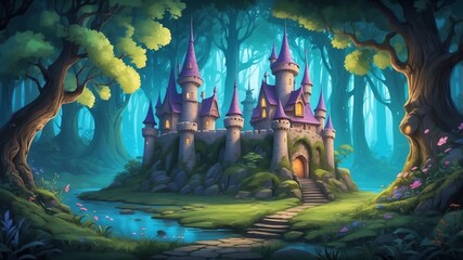 Fototapeta premium Mysterious Enchanted Forest Castle Cartoon Background Design