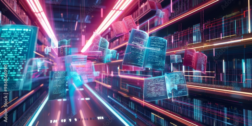 Poster futuristic virtual library with floating digital book icons and interactive elements, set in a sleek