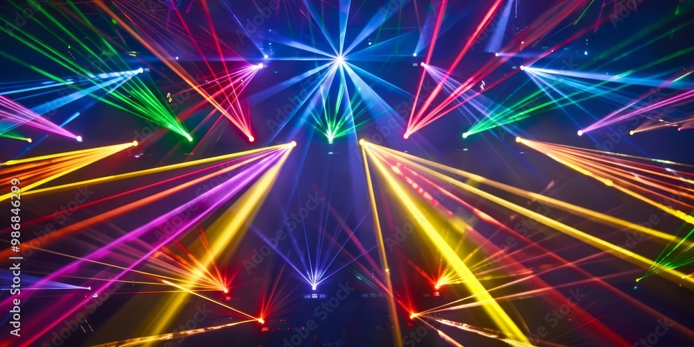 Poster captivating image of multi-colored laser lights dancing through the darkness, creating a dazzling ar
