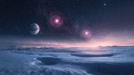 Astrophotography during the winter season, with stars and planets visible over a snow-covered field