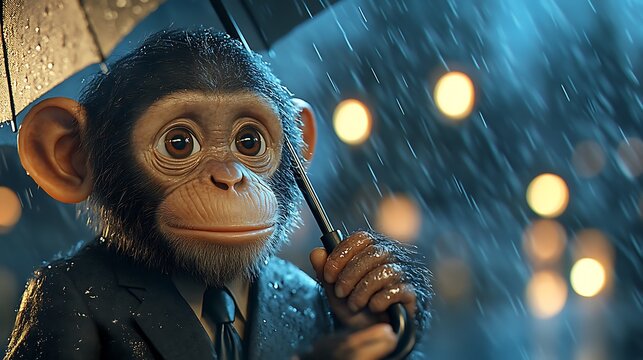 Rain-soaked monkey in a suit, holding an umbrella, standing against a blurred rainy cityscape, cinematic lighting