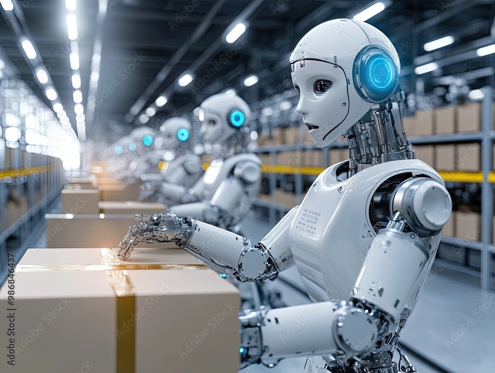 Aufkleber automation technology in a high-tech warehouse, with robots handling inventory and order fulfillment