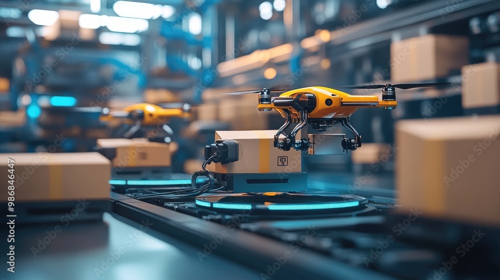 Aufkleber automation technology in logistics, with drones and robots delivering packages efficiently