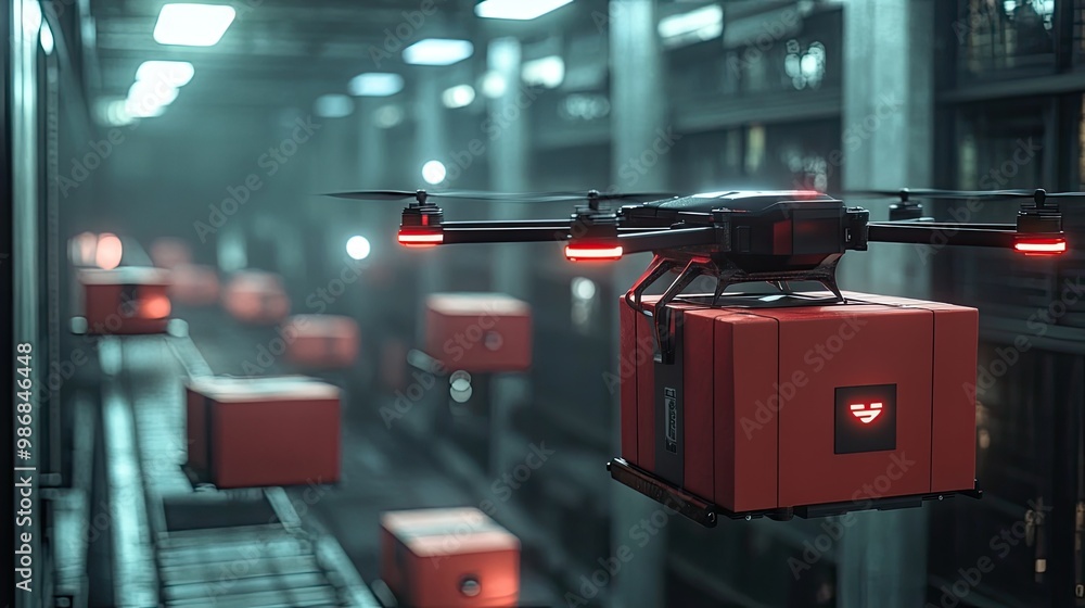 Poster automation technology in logistics, with drones and robots delivering packages efficiently