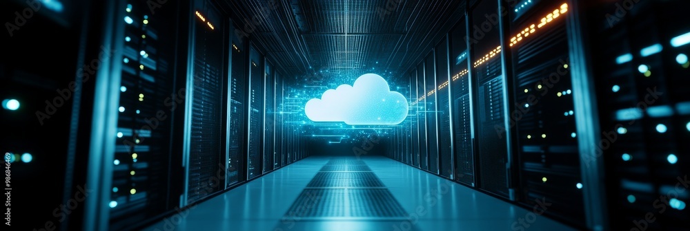 Poster a server room illuminated by the glow of a large cloud icon, symbolizing the power and accessibility