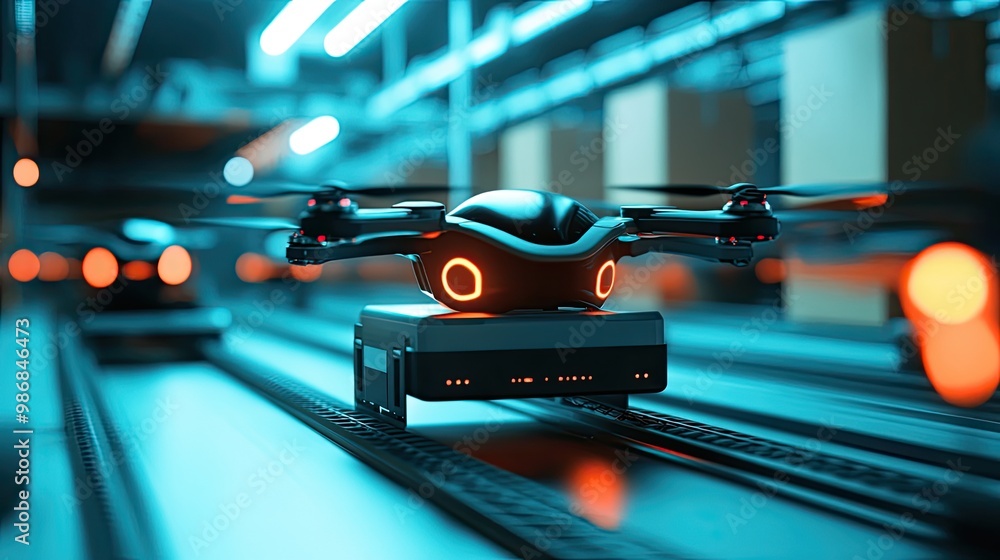 Poster automation technology in logistics, with drones and robots delivering packages efficiently