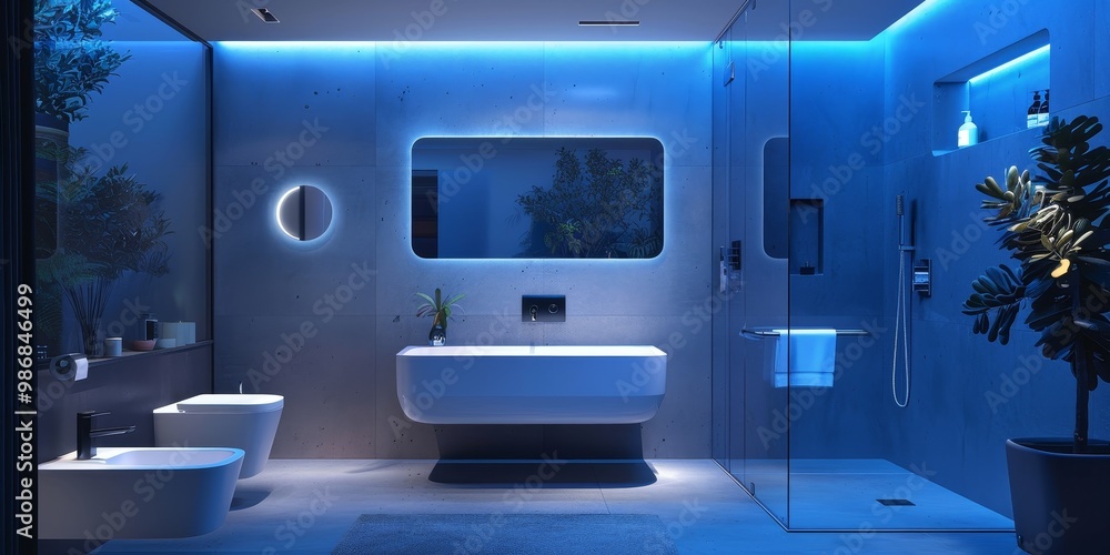 Poster a stylish smart bathroom with interconnected lighting, a smart mirror, and an automated shower syste