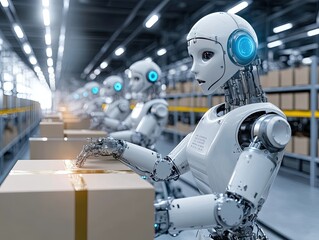 Automation technology in a high-tech warehouse, with robots handling inventory and order fulfillment