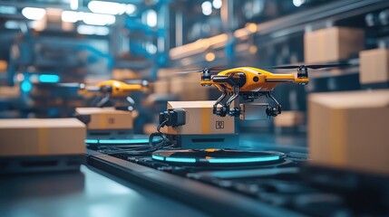 Fototapeta premium Automation technology in logistics, with drones and robots delivering packages efficiently
