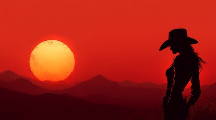 A silhouette of a cowgirl standing against a fiery sunset, showcasing the spirit of the Wild West. The image evokes themes of independence, resilience, and the untamed beauty of nature.