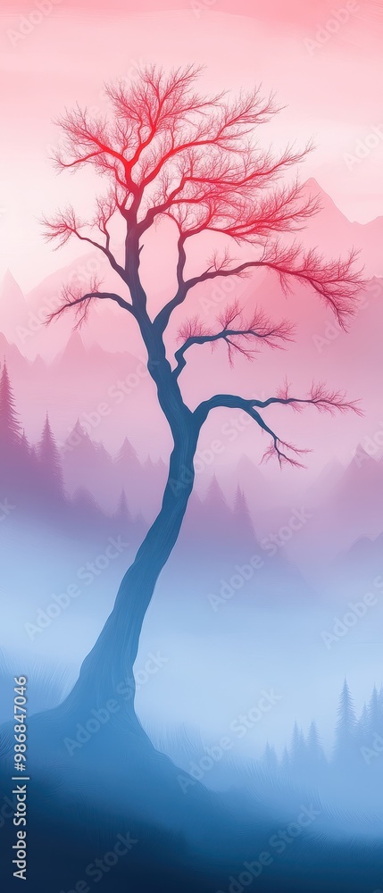 Poster a tree with red leaves stands in front of a mountain range