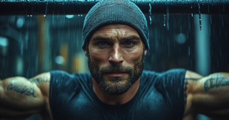 Muscular Man in His Thirties Doing Pull-Ups on a Bar &ndash; Wearing Black T-Shirt and Grey Beanie in a Dark Gym with Heavy Rain Outside

