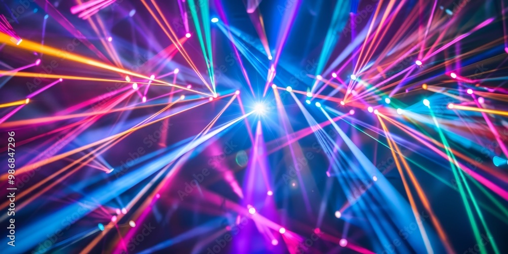 Poster captivating image of multi-colored laser lights dancing through the darkness, creating a dazzling ar