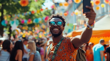Obraz premium A man taking a selfie at a lively outdoor festival, surrounded by a vibrant crowd.