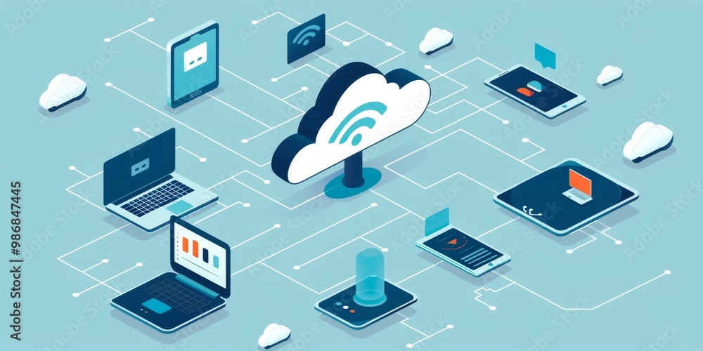 Poster Visual representation of direct data sharing between multiple devices, with a focus on clean, uninterrupted connection paths and the absence of intermediary servers