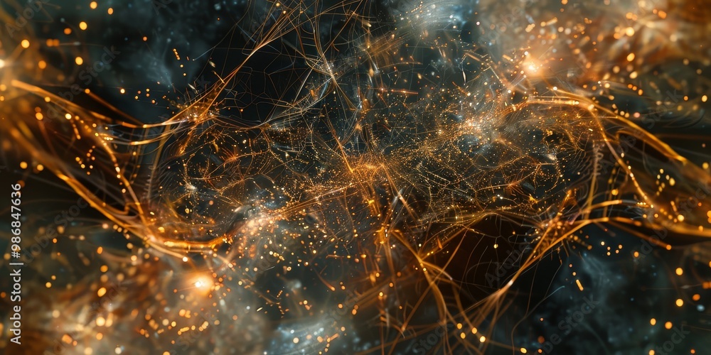 Poster futuristic graphical representation of a complex web of information, featuring interconnected nodes 