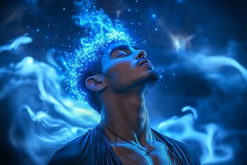 Morpheus with a crown of blue stardust, the midnight sky swirling behind him as he drifts between realms