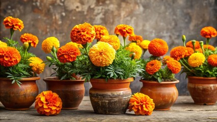 Vibrant orange and yellow marigolds cascade from ornate terracotta pots against a warm textured background, filling the