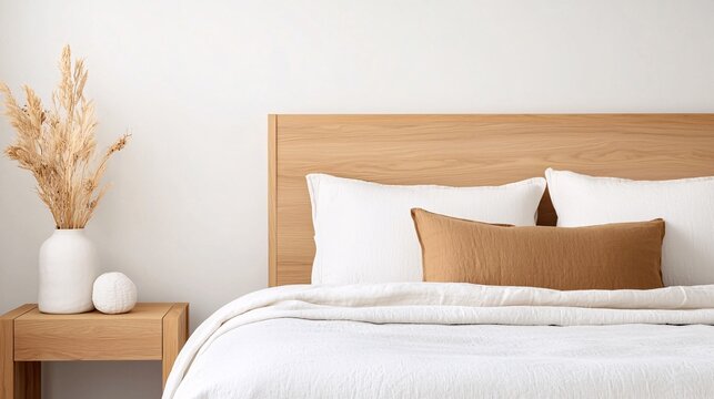 Minimalist bedroom with wooden headboard and decor