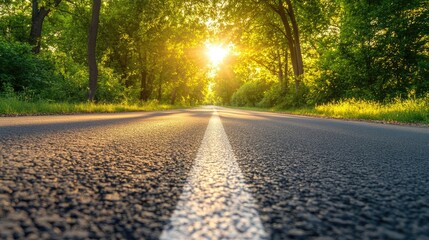 Obraz premium Empty Asphalt Road at Sunset with Trees and Shadows