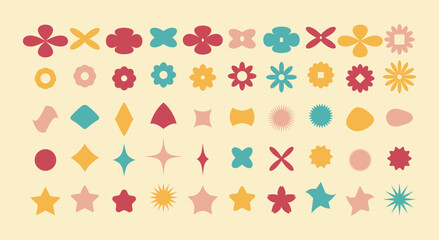 Brutalism and geometry y2k shapes and icons various form. Trendy retro figure, flower and other abstract elements. Vector design aesthetic