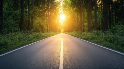 Fototapeta premium Empty Asphalt Road at Sunset with Trees and Shadows