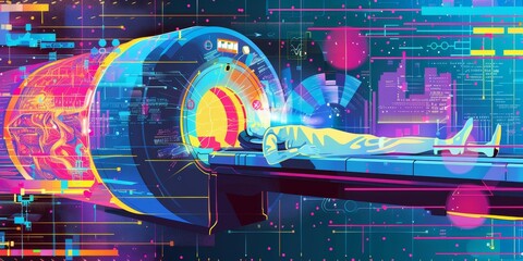 An illustrative diagram of a PET scan process, showing a patient inside the scanning machine and the resulting colorful images on a screen, representing diagnostic imaging