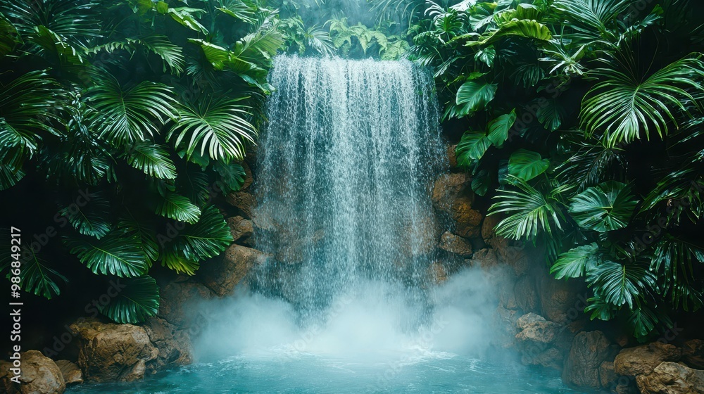 Canvas Prints lush tropical waterfall with fog and green foliage