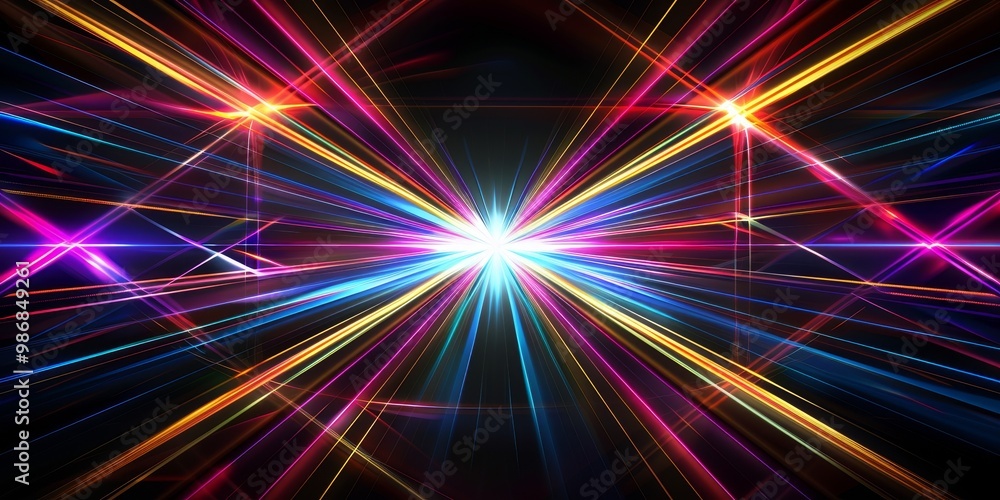 Poster captivating image of multi-colored laser lights dancing through the darkness, creating a dazzling ar