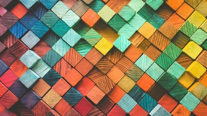 A photo of an array of wooden blocks of varying sizes, stacked and arranged in a grid pattern. Each block displays a unique color palette ranging from deep blues and greens to vibrant yellows