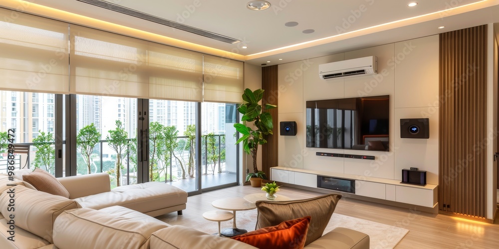 Poster a modern smart home system in the living room with interconnected devices such as a smart thermostat