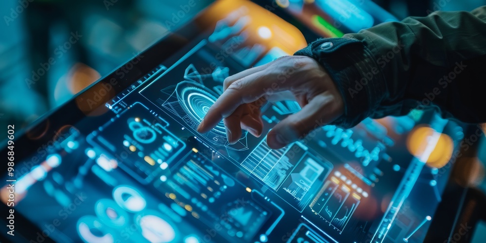 Poster Close-up of UX designerG??s hands adjusting user interface elements on a touchscreen, with visible design software and prototype screens demonstrating the design refinement process