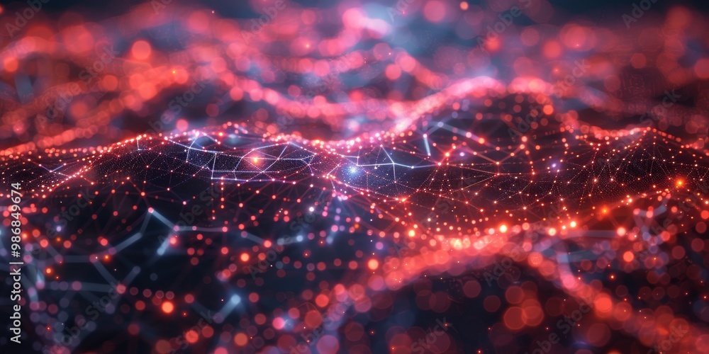 Poster sophisticated depiction of a complex information network, showcasing a matrix of interconnected data