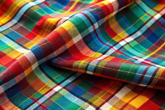 Vibrant plaid fabric boasts a traditional madras check pattern, with a textured weave that adds depth and visual