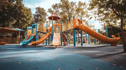 Kids having fun at an outdoor playground, playing on slides, swings, and climbing walls