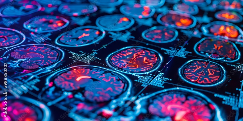 Poster colorful pet scan image with a range of hues illustrating areas of high and low activity, perfect fo