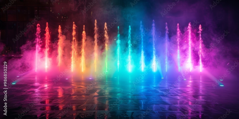 Poster striking visual of vivid laser lights in various colors cutting through fog, creating a dramatic and