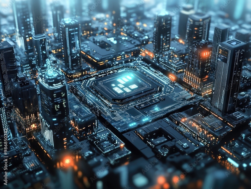 Poster microchip implants for identity verification and personal data storage, used in futuristic urban env