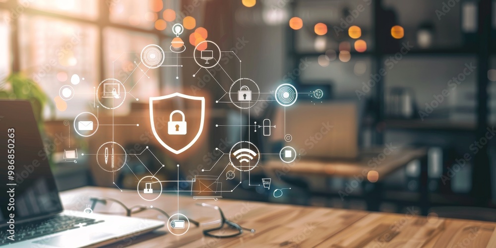 Fototapete close-up of a security policy on a desk with digital security tools like encryption algorithms and f