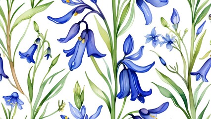 Fototapeta premium A beautiful seamless pattern featuring Bluebell flowers with delicate green stems and leaves, set against a white background. Perfect for spring-themed designs