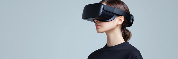 A stylish young woman is wearing a VR headset, experiencing the immersive world of virtual reality. This image symbolizes innovation, technology, future, exploration, and entertainment.