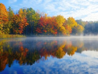 Mist rising in the early fall morning over a quiet lake, with vibrant autumn colors reflected in the water