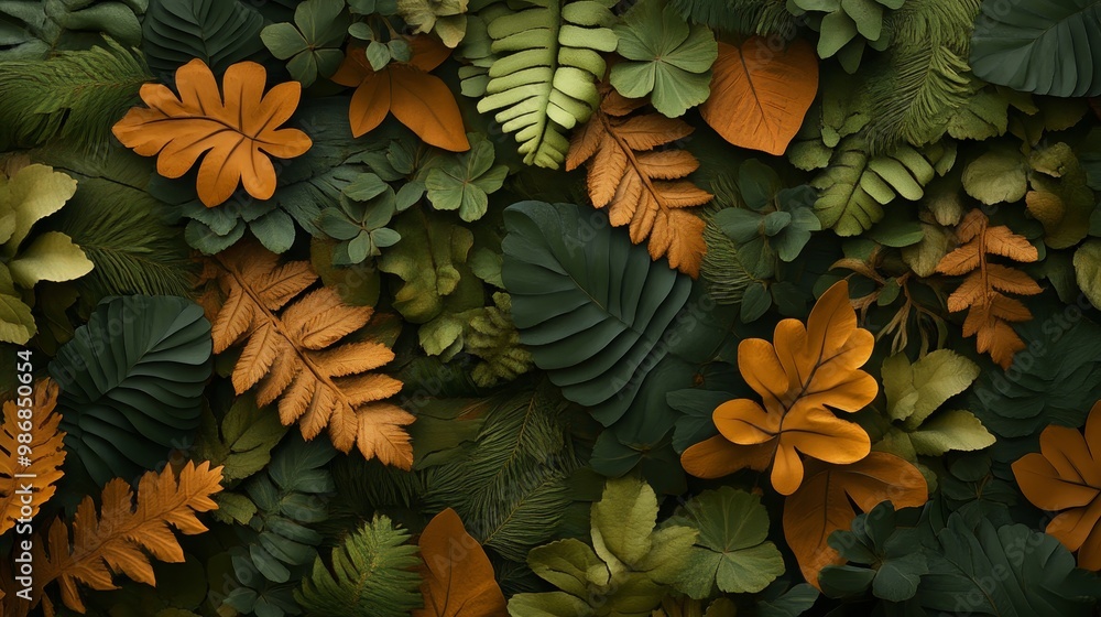 Poster a textured pattern style forest with layered leaves in shades of green and orange, creating a visual