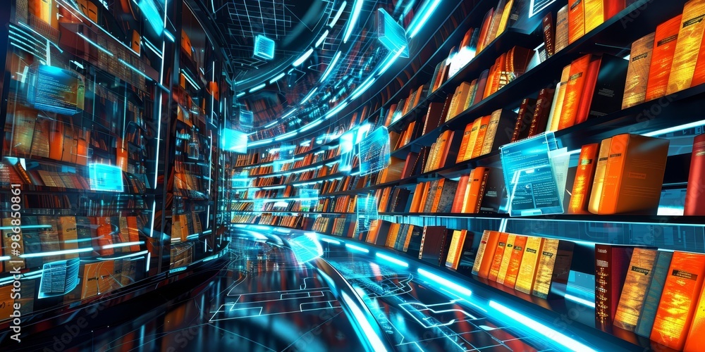 Poster interactive virtual library displaying floating e-books in a high-tech, immersive environment, with 
