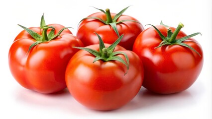 Vibrant red tomatoes, plump and ripe, rest on a pristine white background, inviting the viewer to savor their
