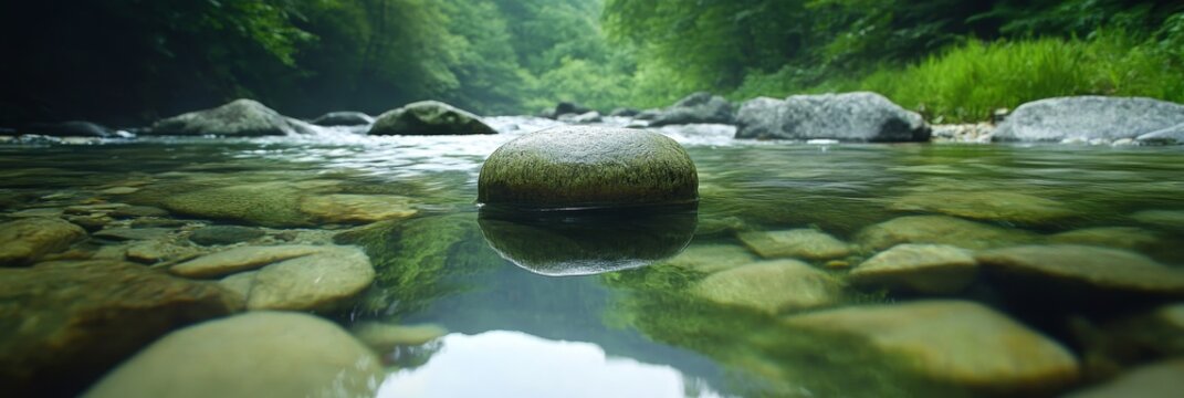 A tranquil mountain stream flows over smooth, moss-covered stones, with crystal-clear water reflecting the surrounding lush greenery, symbolizing peace, nature's beauty, tranquility, serenity, and rej