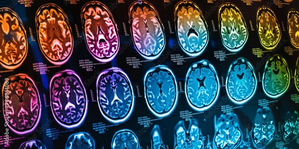 Poster Colorful PET scan image with a range of hues illustrating areas of high and low activity, perfect for scientific and educational uses in the medical field