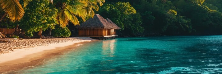 Obraz premium A tranquil tropical beach scene featuring a wooden bungalow nestled amidst lush greenery, inviting you to unwind and enjoy the beauty of nature.